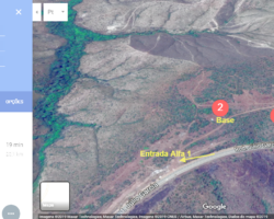 5-Identifica o KM19 da BR251-DF sentido Unaí, a entrada da fazenda após o marco KM19 e os 3 Pontos internos ideais de vigília ou observação noturna, aos quais chamamos de Base1, Base2 e Base3.